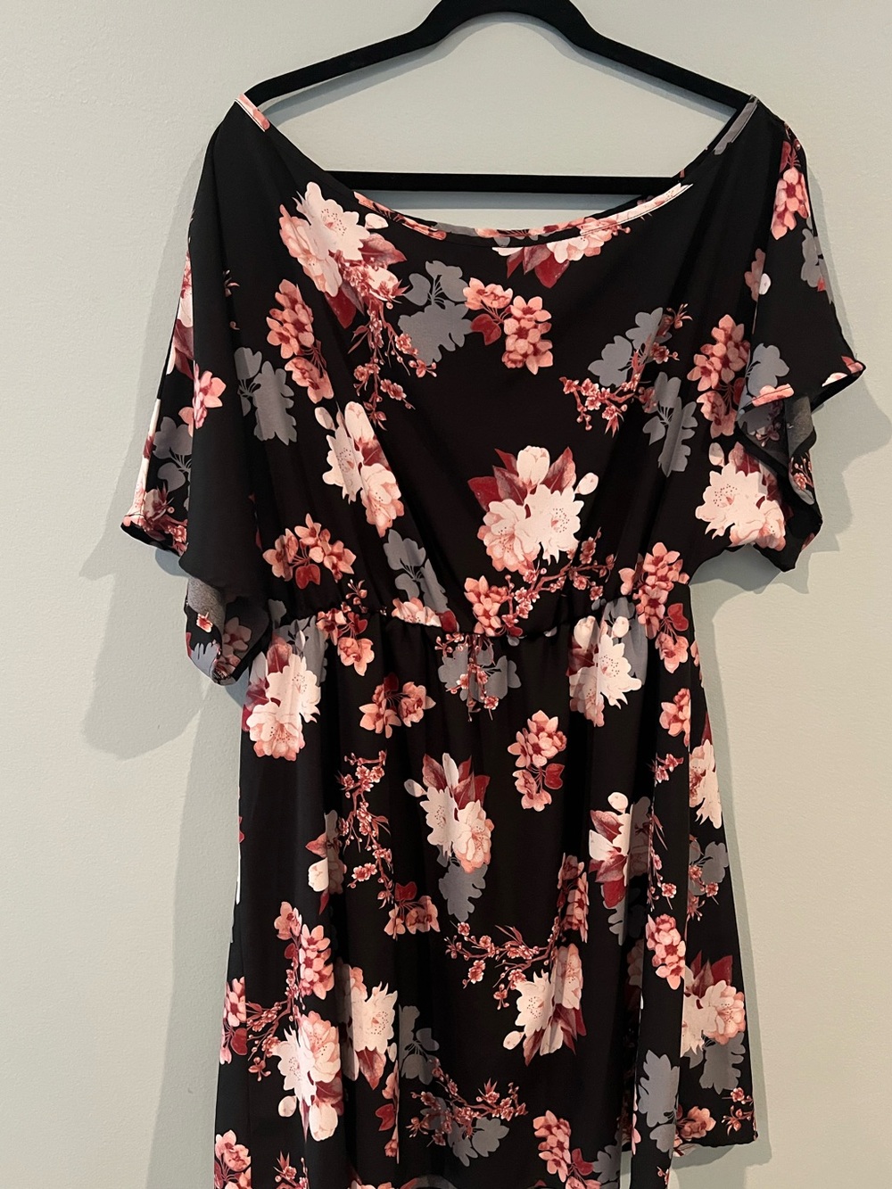SHEIN Black Midi Dress with Pink and Gray Floral Print